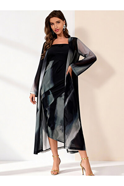 Take Two By Styli Black Mesh Open Front Cardigan and Sleeveless Midi Dress Co...