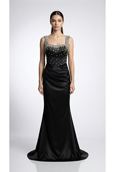 BDM Exclusive Taş İşlemeli Balen Destekli Saten Uzun Premium Abiye Elbise