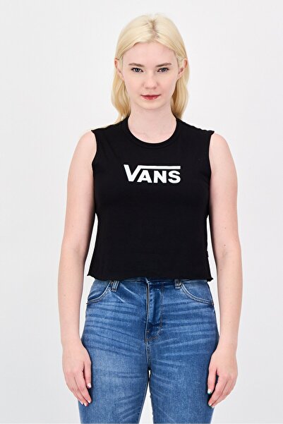 Vans بلوزة نسائية بدون أكمام بياقة دائرية وشعار العلامة التجارية، باللون الأسود