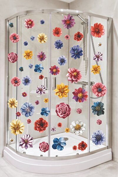 VİZYON REKLAM DİGİTAL BASKI Çiçek Motifli Duşakabin Banyo Sticker Seti