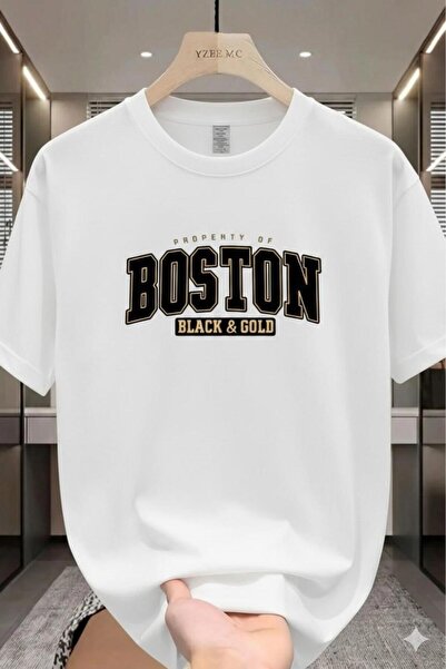 CAST COLLECTİON Unisex White Boston Black Printed Oversize T-Shirt