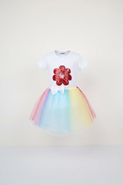 Sereia Girl's Tulle Colorful Skirt White T-Shirt Floral Printed Set Costume -...