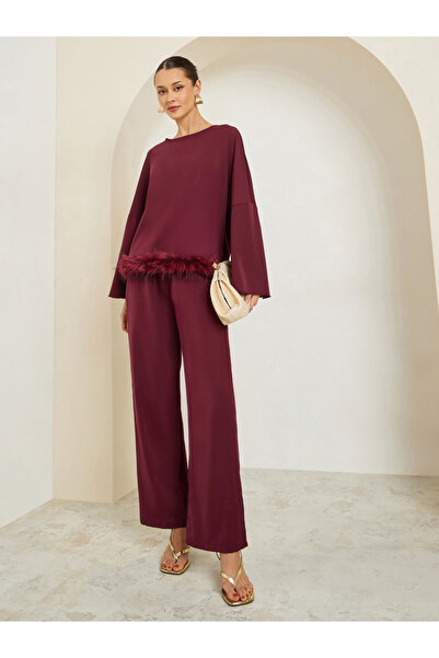 Styli Burgundy Faux Feather Trim Blouse and Pants Co-ords