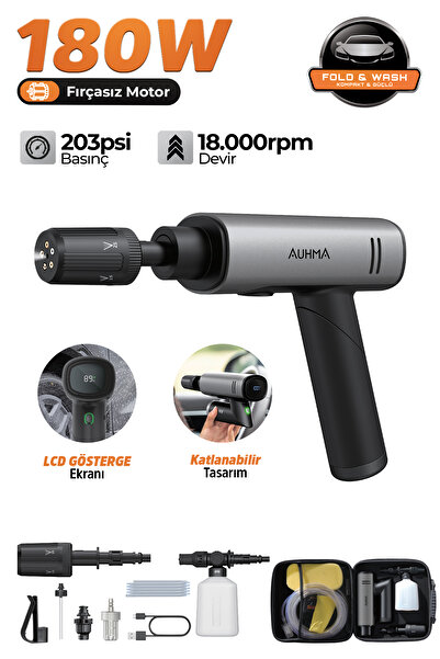 auhma ACR-09 180W Fırçasız Şarjlı Basınçlı Yıkama Makinesi – Katlanabilir Kab...