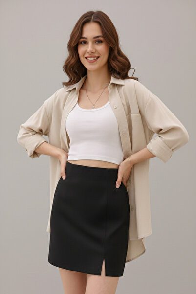 Sibel Günay Butik Black Mini Slit Detailed Fabric Skirt