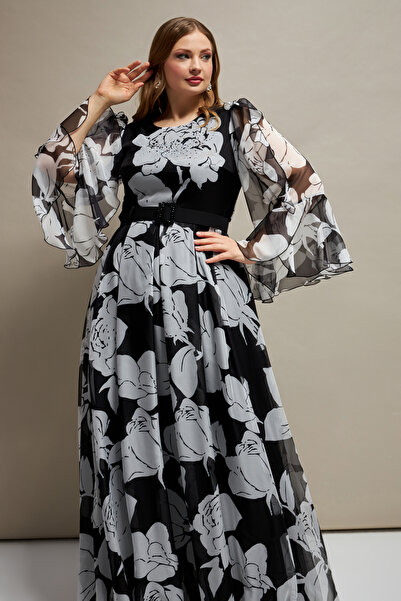 İnce Taş ve Kemer detaylı Desenli İpeksi Şifon Abiye Uzun Elbise