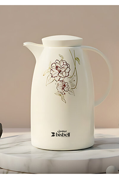 Bisbell Flora White Vacuum Flask 1L Glass Lined Thermal Bottle Hot & Cold Ins...