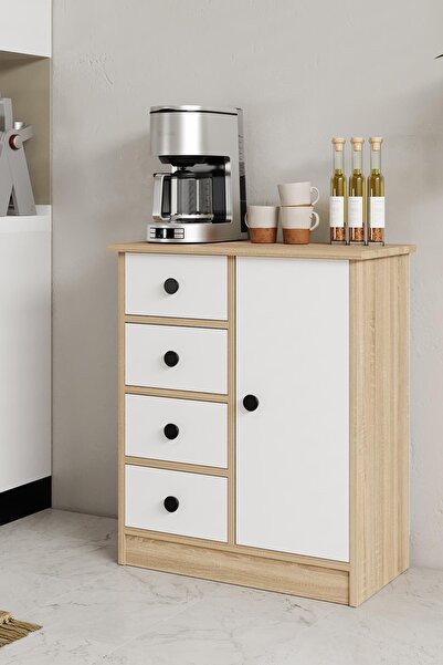 Hofga Elmar Çok Amaçlı Banyo Dolabı Kiler Dolabı Kahve Köşesi Beyaz Meşe