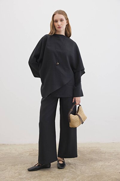 Hooopstore Yarasa Kol Pelerin Detaylı Siyah Pantolon Takım