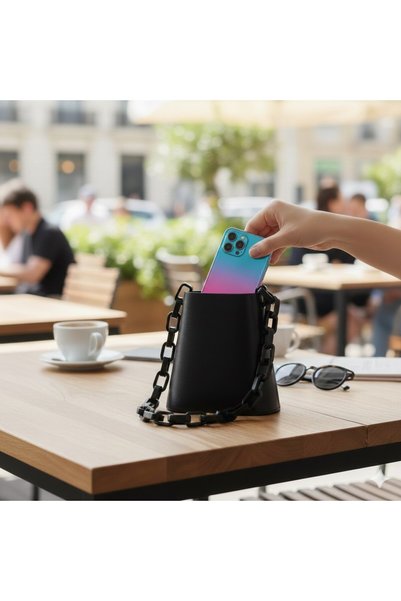 Mottopi حقيبة عمودية بسلسلة، حقيبة يد وكتف، حقيبة بطباعة ثلاثية الأبعاد - أسود