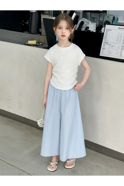 Take Two By Styli Girls Solid Ruched Detail T-Shirt and Wide Leg Pants Set