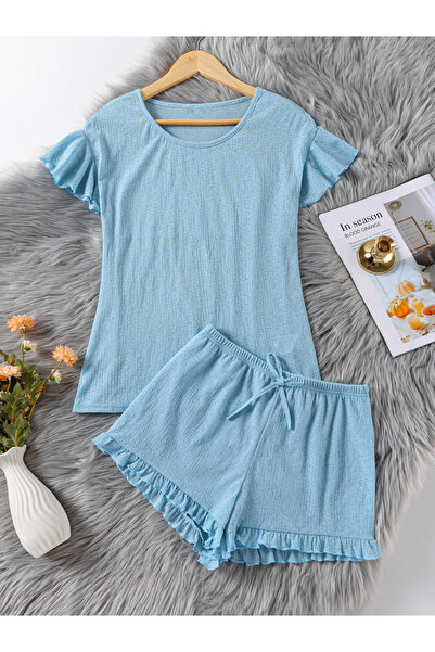 Take Two By Styli Blue Ruffle Trim Top and Shorts Pyjama Set