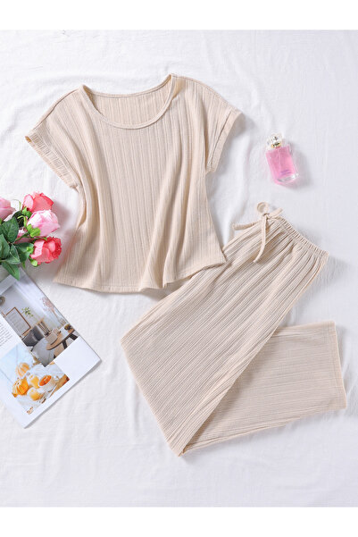 Take Two By Styli Beige Knitted Short Sleeve Top and Pyjama Set