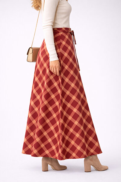 Özkayalargroup Plaid Long Bell Skirt with Buckle Detail, Tie-Up, Drawstring W...