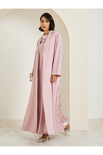 Styli Pink Lapel Collar Jacquard Abaya and Cowl Neck Dress Modest Set