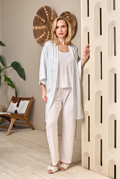 Yulem Homewear Blue Polka Dot Pattern Satin Thin Strap Maternity 3-Piece Paja...