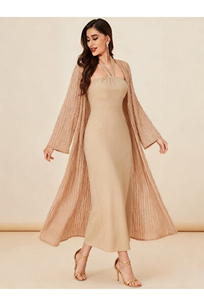 Take Two By Styli Beige Texture Open Front Cardigan and Halter Neck Maxi Dres...