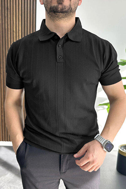Edwox Tricou cu guler polo cu model pentru bărbați, negru Edw460