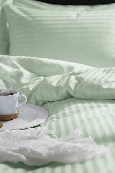 Nart Home Single Cotton - Satin 210 Tc (83 Thread) Striped Duvet Cover Set Green