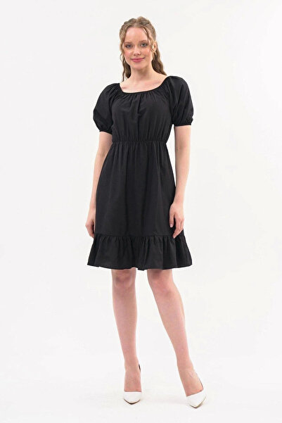 Sereia Women's Elegant Backless Midi Black Dress with Elastic Waist and Ruffl...