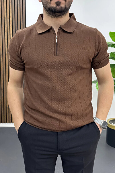 Edwox Ανδρικό μπλουζάκι πόλο με μοτίβο κουκκίδων σε καφέ χρώμα Edw462