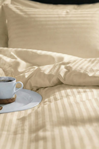 Nart Home Single Cotton - Satin 210 Tc (83 Thread) Striped Duvet Cover Set Beige