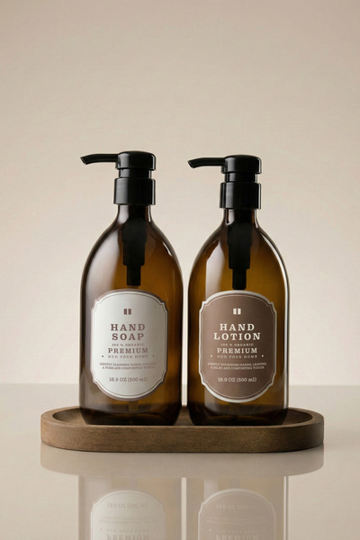 Kloppenhug Set of 2 Amber Glass Soap Dispensers with Wooden Stands - 500 ml L...