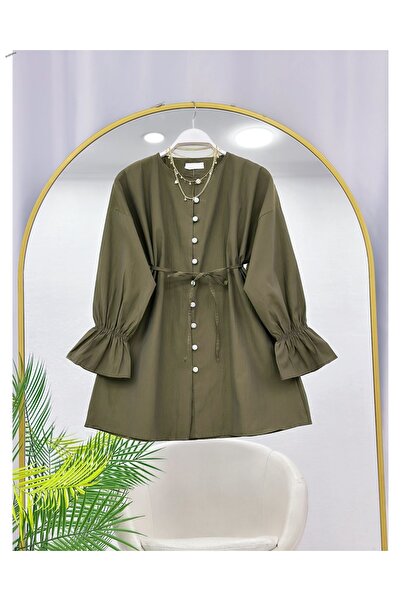 YEDİLALE Zero-Collar Tunic with Rubberized Sleeves and Belt [Loose Fit]