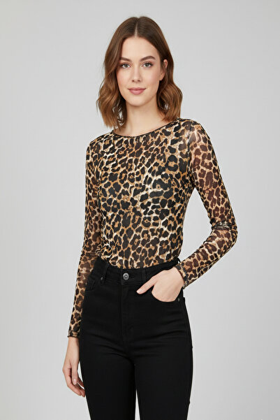 Sibel Günay Butik Leopard Patterned Lycra Stretchy Tulle Women's Blouse