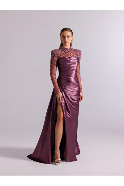 Kenzel Straplez Görünümlü Tüm Dekoltesi Taş Detaylı Yırtmaçlı Elbise