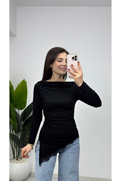 TUNAM BUTİK 7505 بلوزة مزينة بالدانتيل باللون الأسود