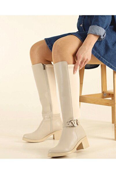 ENDEMRE Siyah Fermuarlı Dalgıç Kumaş Detaylı Tokalı Kadın Topuklu Çizme