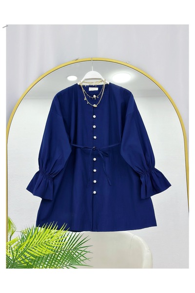 YEDİLALE Zero-Collar Tunic with Rubberized Sleeves and Belt [Loose Fit]