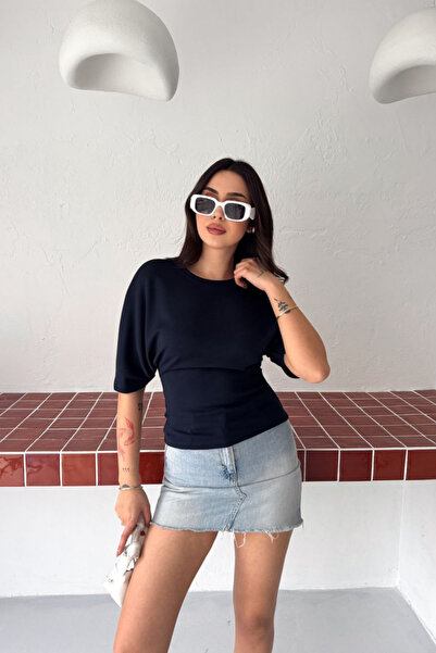 The Robi Women's Navy Blue Crew Neck Side Gathered Half Sleeve Basic Blouse