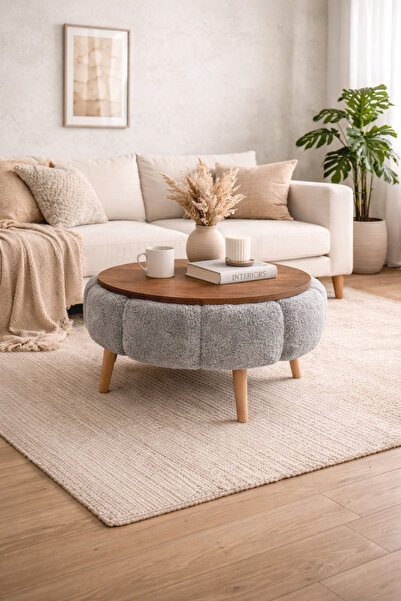 DEKOR MOBİLYACIM Fortune Yuvarlak Orta Sehpa Tablalı Puf Gövdeli Modern Dekor...