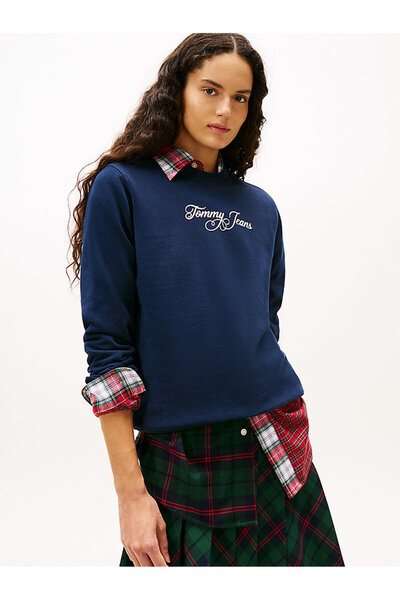 Tommy Hilfiger Kadın El Yazısı Nakışlı Bisiklet Yaka Sweatshirt - Lacivert