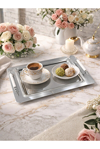 AiroBazar 4-Person Stainless Steel Presentation Tray with White Handle, Styli...