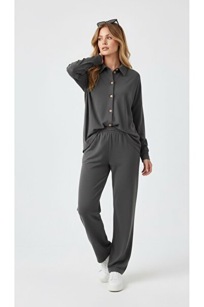 Ded COLLECTION Women's Anthracite Buttoned Shirt Collar Sporty Stylish Set