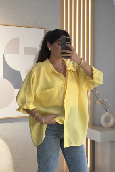 SHILSEE BEUTİQUE Women's Low Shoulder Long Oversize Tencel Fabric Shirt Yellow