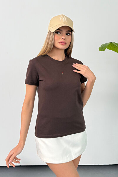 GİYSA Γυναικείο μπλουζάκι με αξεσουάρ κλειδιού, 100% βαμβάκι, καφέ - 26Y 26515