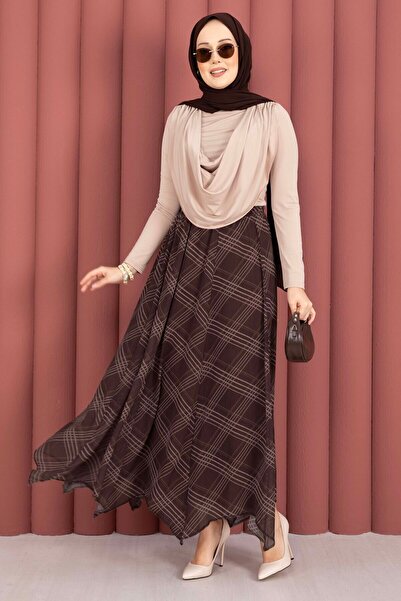 EBRUTESETTÜR Plaid Patterned Asymmetrical Cut Chiffon Skirt Brown