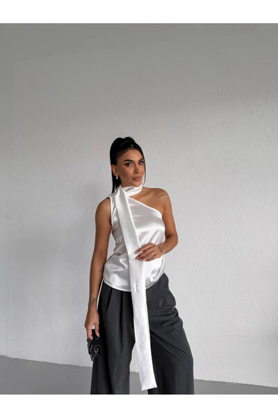 Cool & Sexy Collar Detail Satin Blouse White