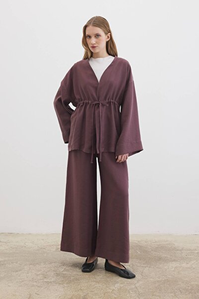 Hooopstore Önden Bağlama Detaylı Çikolata Kimono Pantolon Takım