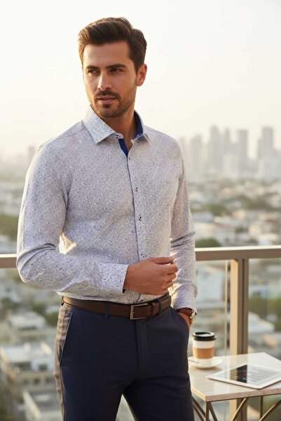 Louis Fabel Minimal and Elegant Blue Micro Patterned Long Sleeve Men's Shirt ...