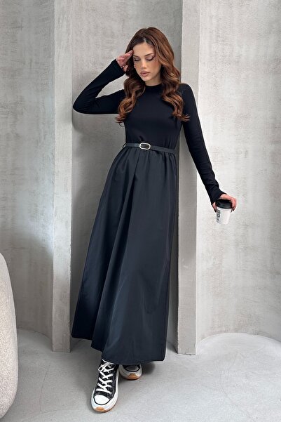 queencity Women's Stylish Daily Dress with Waist Belt and Two-Color Combination