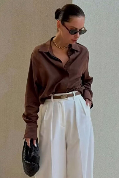 Madmext Brown Hidden Button Stylish Women's Satin Shirt Mg2675