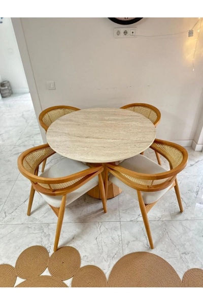 Has Grup Masa Sandalye Yuvarlak Ahşap Masa Takımı Bohem 4 Kişilik Mutfak Masa...