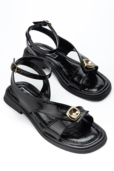 RİSSOLİ Women's Black Wrinkled Patent Leather Ankle Strap Buckle Detailed Cas...