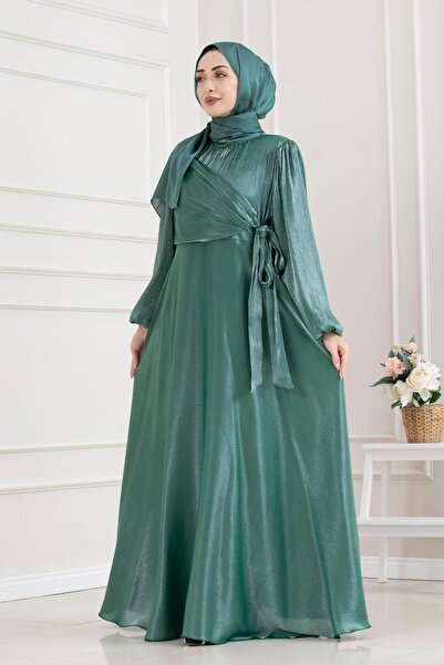 Sevitli Side Tie Glittering Hijab Evening Dress - Emerald Green