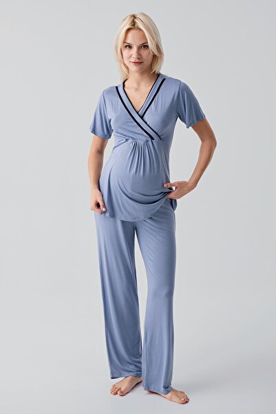 Artış Kısa Kollu Emzirme Bölmeli Ayarlanabilir Bel Esnek Viskoz Hamile Pijama...